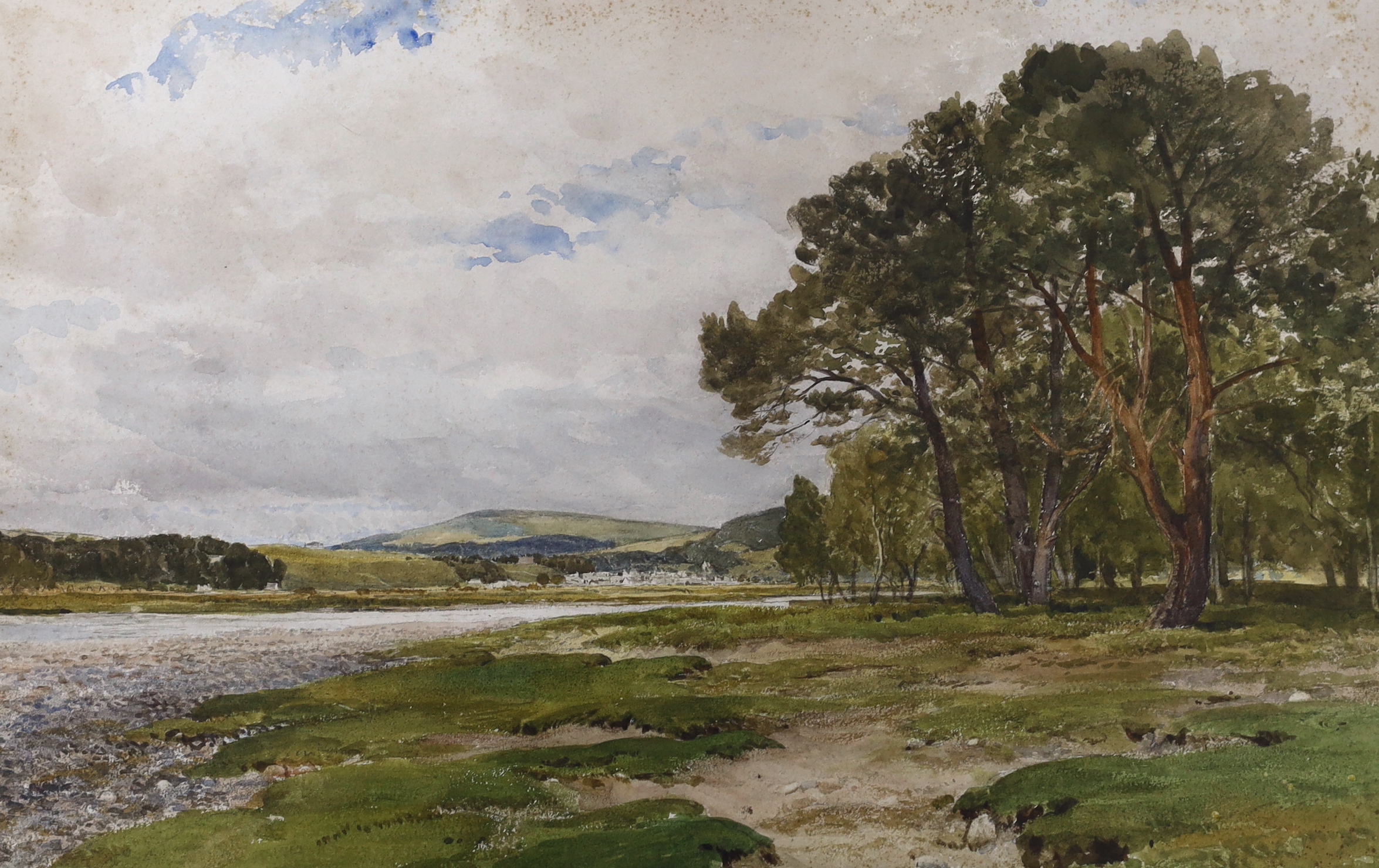 Edmund Morison Wimperis (1835-1900) watercolour, A river bank, unsigned, inscribed in ink and 1420AG Christie's stencil verso, 29 x 43cm